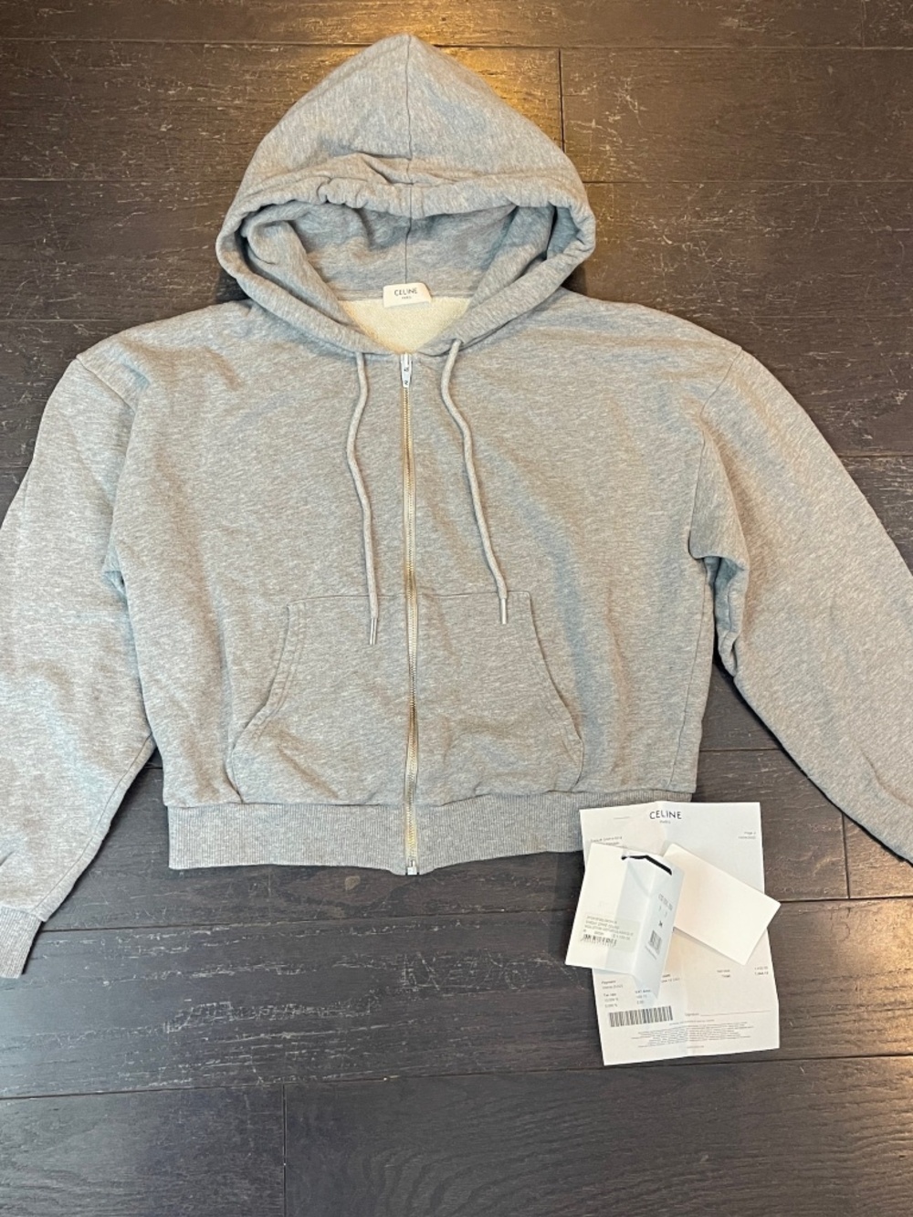 CELINE Crop Zip Up Hoodie jacket in Cotton Fleece grey size Medium w/receipt